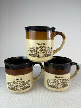 3 Hardees Coffee Mugs Brown Vintage 1989 Rise and Shine Retro Cabin Lodge Diner